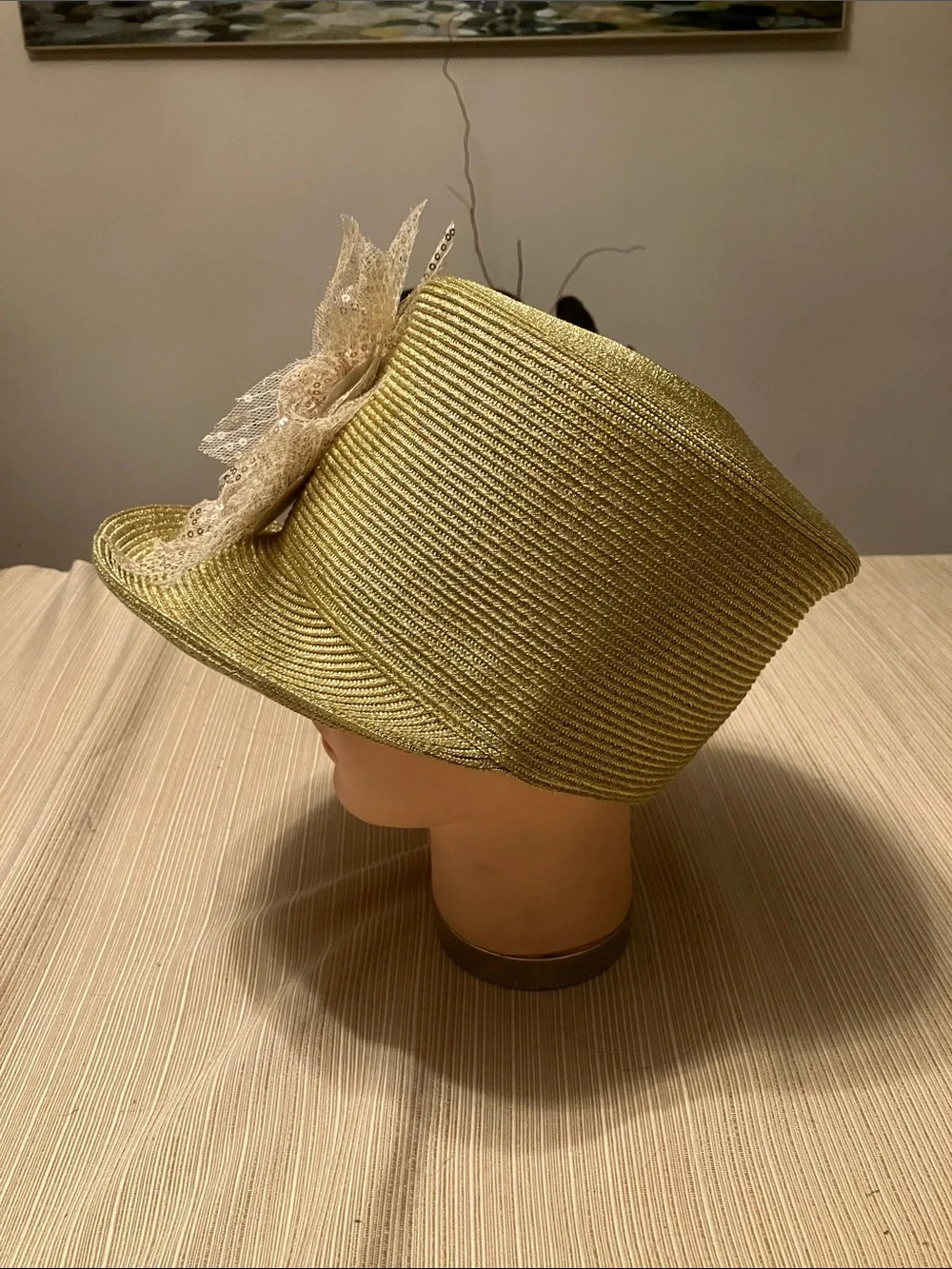 Chic Metallic Gold Hat with Champagne Gold Sequin Floral Appliqués